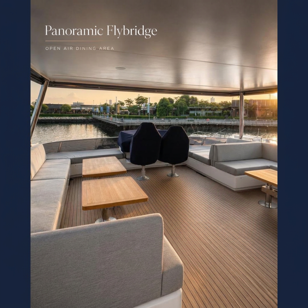 Ange Etoile panoramic flybridge and open-air dining area
