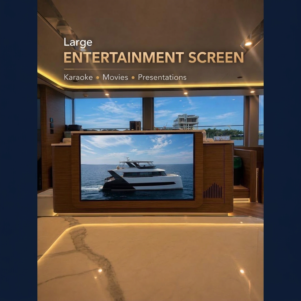 Large entertainment screen aboard Ange Etoile