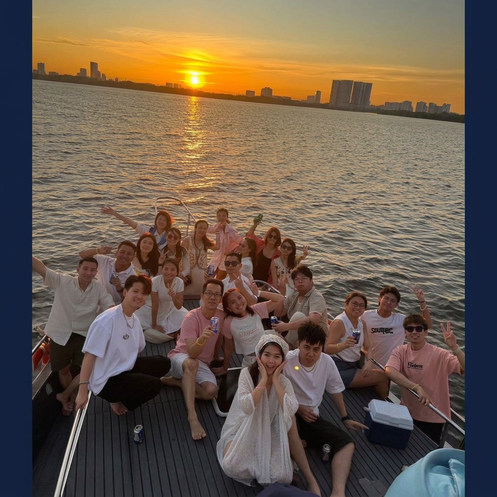 Guests gathering on the yacht at sunset